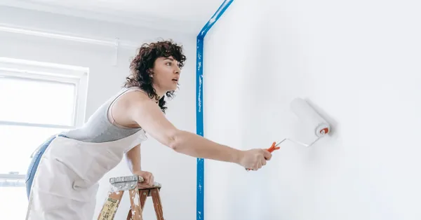A woman stands on a ladder painting a wall white, part of a DIY home renovation. woman painting the wall with a roller brush