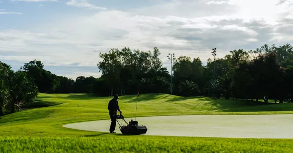 Groundskeeper mowing the green on a golf course during a sunny day, showcasing lush landscapes and maintenance. a man is mowing the grass on a golf course