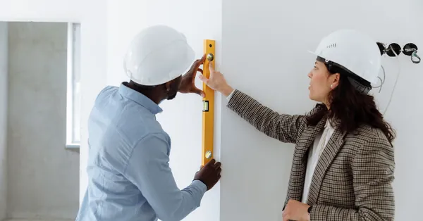 Two contractors using a level bar to check wall alignment inside a building. woman and man holding a level bar on a wall